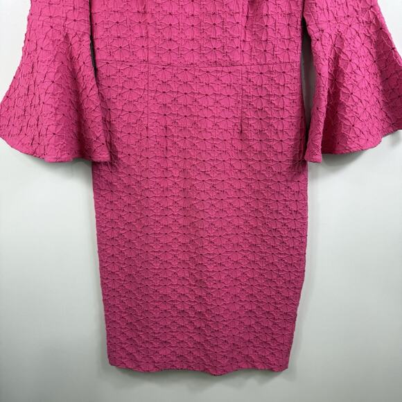 Trina Turk New Favor Pink Square Neck Bell Sleeve Dress Size 4 Sheath Textured - Picture 4 of 15